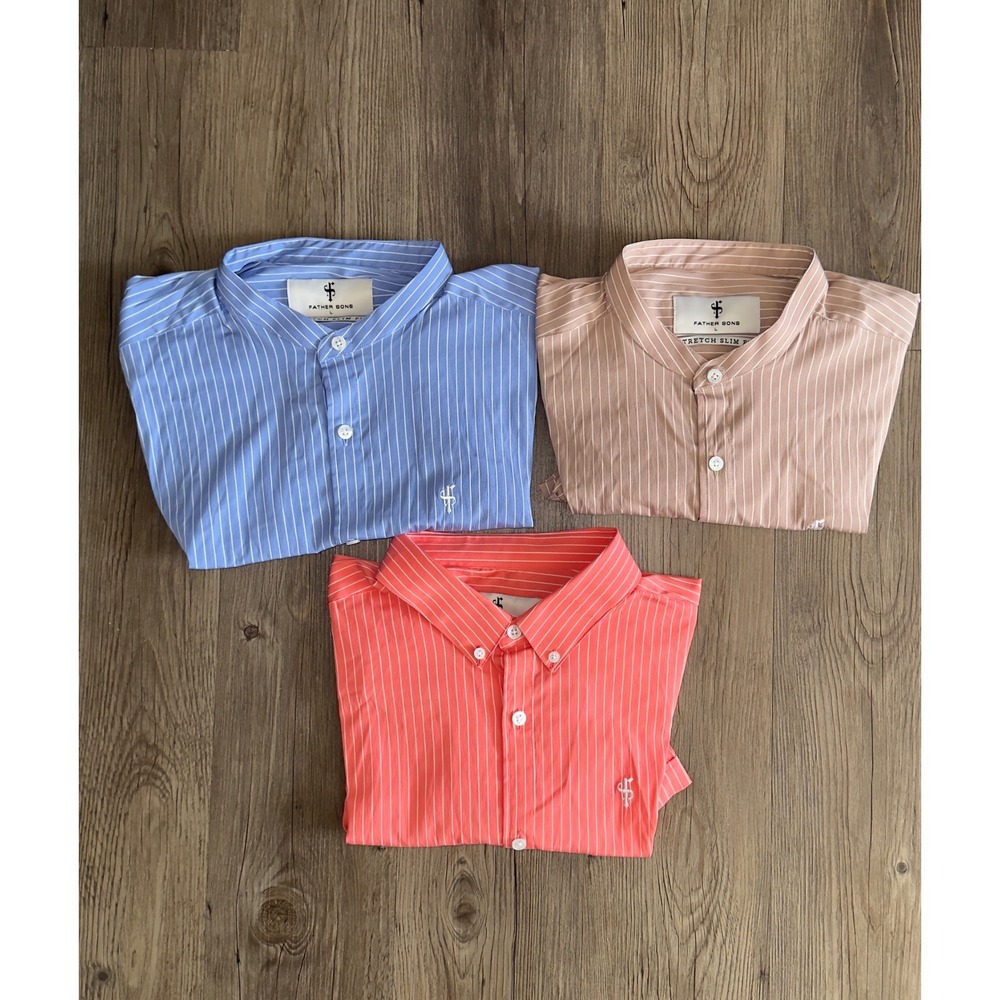 Father Sons 3pc Men Large Stretch Slim Fit Short Sleeve Stripe Button Down Shirt